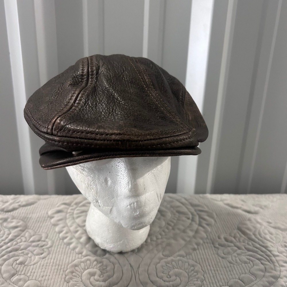 Wilsons Leather Mens Brown Pebbled Leather Flat Cap Newsboy Hat LXL 42116M26